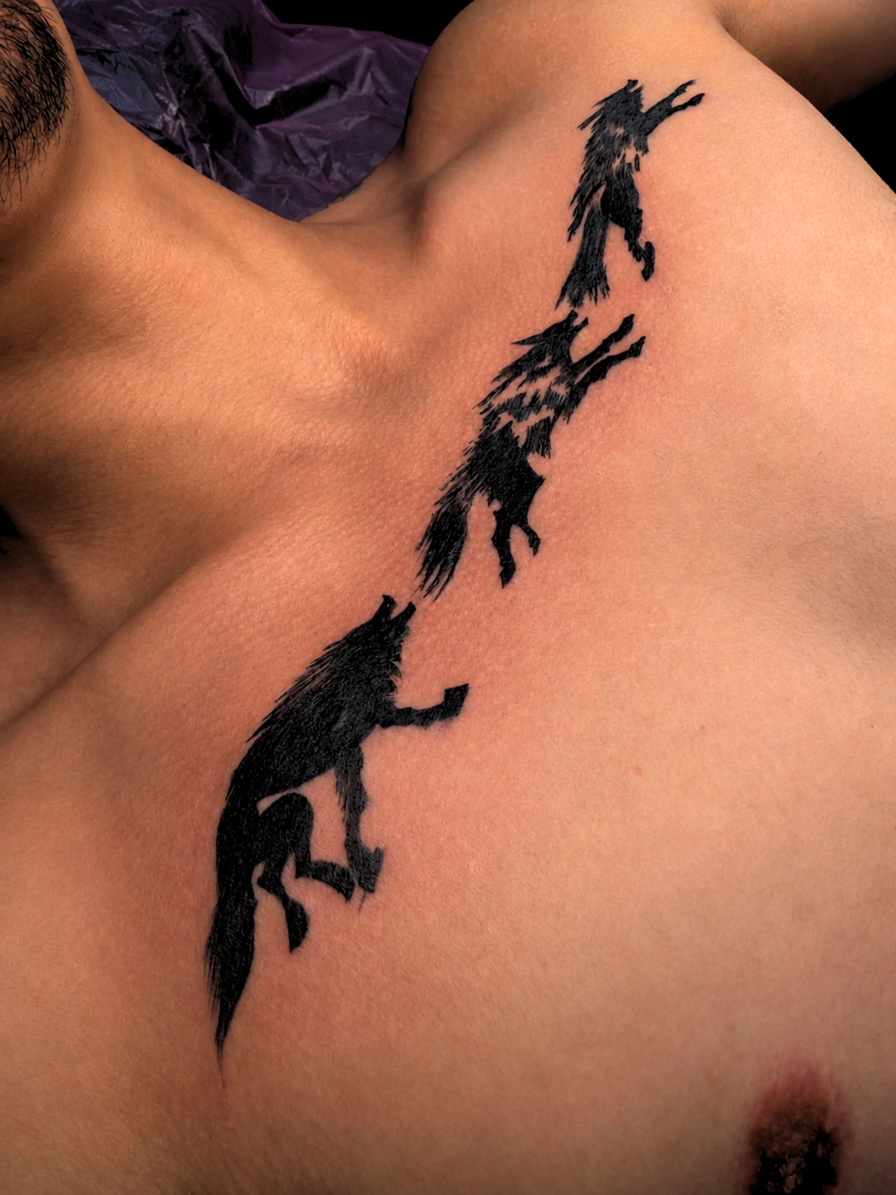 Frisch gestochenes Wolfsrudel-Tattoo in Schwarz